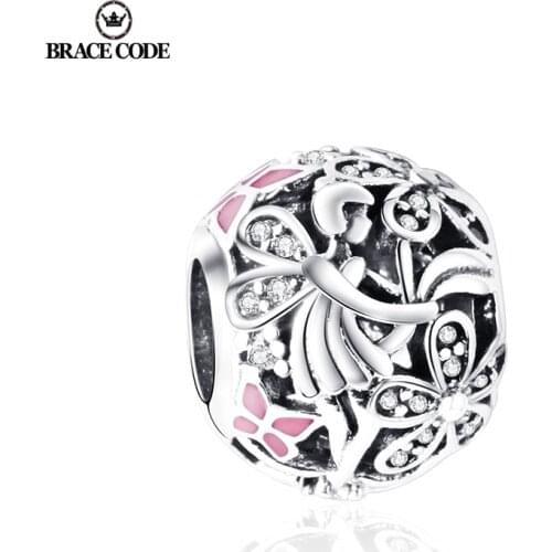 2Pcs/Lot Pans Antique Silver-plated Pink Butterfly Charm Flower Fairy Epoxy Beads DIY Fine Beaded Bracelet Accessories