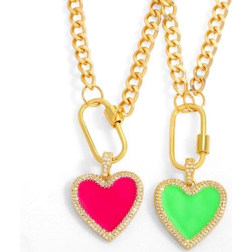 2021 INS Colorful Oily Zircon Heart-shaped Pendant Cuban Chain Necklace Female Creative Oily Summer Jewelry