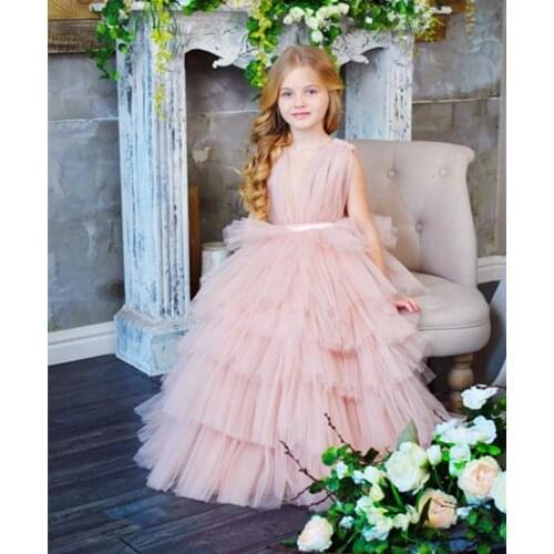 2021 Tiered Tulle Princess Dress Floor Length Sleeveless A Line Kids Prom Dress Ruffles Long Pageant Gowns Vestidos Custom Made