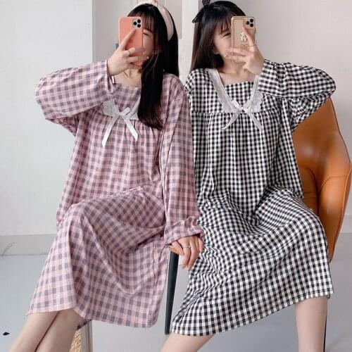 2021 Autumn Casual Plaid Long Sleeve Nightgown for Women Cute Lace Sleepwear Loose Long Dress Night Dress Nightdress Home Nighty