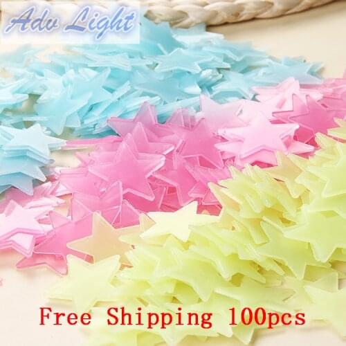 Free Shipping New Hot 100pcs 3D Stars Glow In The Dark Luminous Fluorescent Plastic Wall Stickers Living Home Decor Kids Rooms