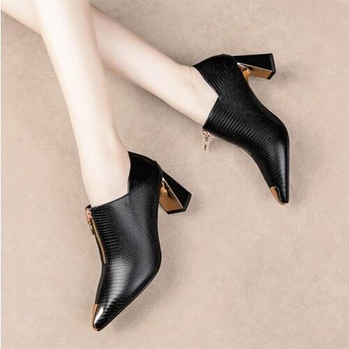 Sexy High Heels Bare Boots 2021 Autumn New Fashion Women Shoes Square Black Zip Leather Ladies Shoes Metal Pointed Toe Pump 8472