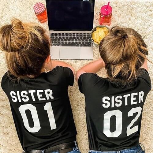 Women Fashion Summer Casual Best Friends T Shirt SISTER 01 SISTER 02 Tees Shirt Short Sleeve Sister Matching Outfit Female Tops