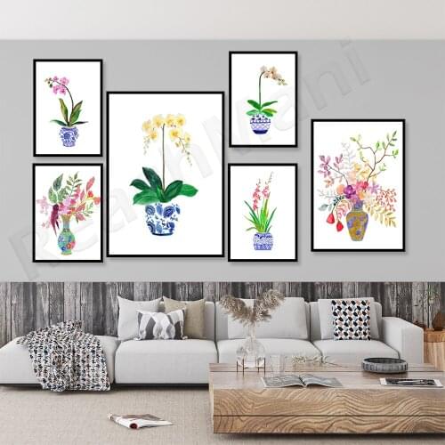 Ginger pot art prints, watercolor flowers, colorful flowers, bouquet painting, orchid painting. Snake flower art print. Ginger p