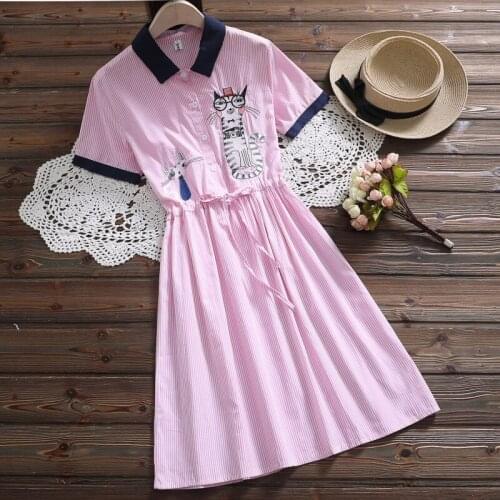 Mori girl cute kawaii embroidery cat dress new summer fashion short sleeve casual striped dress