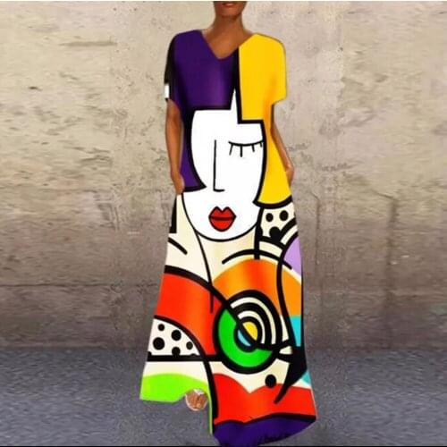 Fashion Vintage Portrait Print Maxi Dress Abstract Face V Neck High Waist Women Dresses Elegant Beach Party Holiday Loose Dress