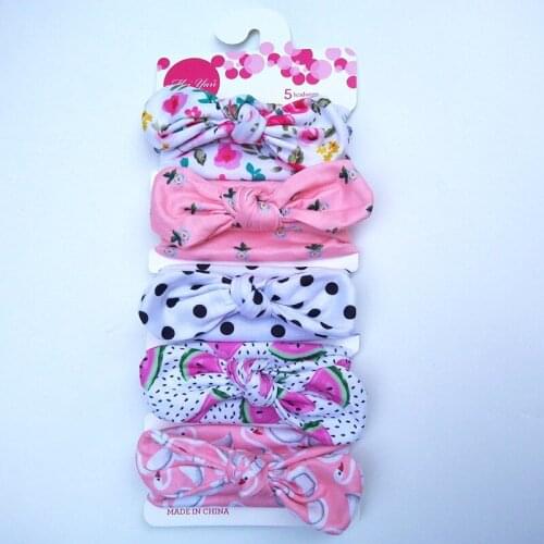 New 5pcs/lot Baby Girls Printted Floral Fruit Dot Heart Rabbit Ears Headband Newborn Soft Cotton Hair Band Toddler Headwear Set