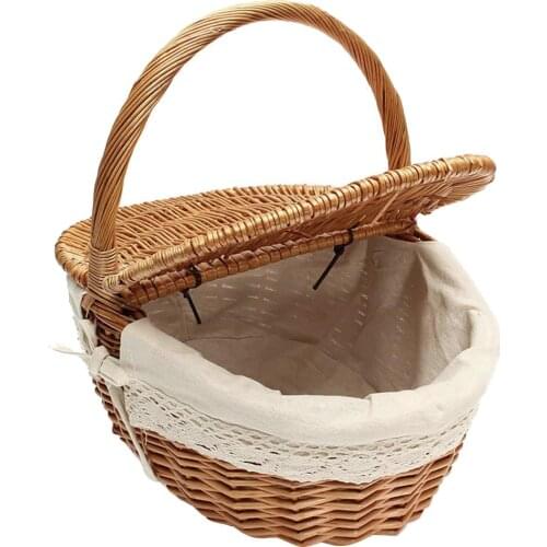 Picnic Basket Hand Made Wicker Bags Camping Shopping Storage Hamper with Lid Picnic Food Basket Woven Fruit Storage Basket