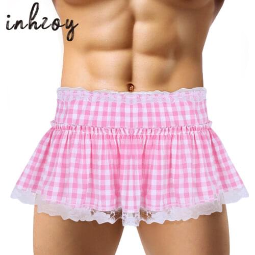 Pink Sissy Skirt Mens Ruffled Plaid Lace Openwork Crossdressing Micro Mini Skirt
