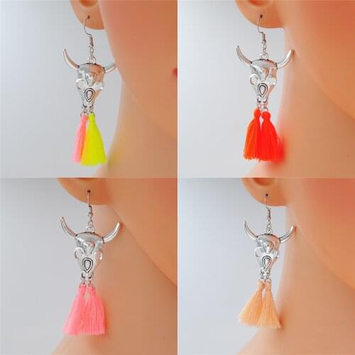 1pair Cow Head With Fluorescent Tassel Dangle Earrings Boho Style Summer Style Ox Cow Boy Gift