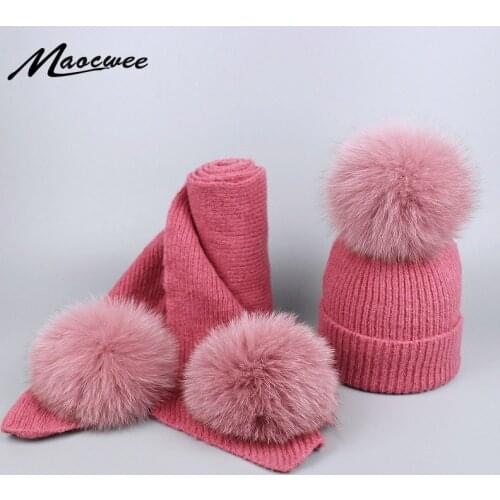 New brand Mink and fox real fur ball cap pom poms winter hat and Scarf Set for women girl 's hat knitted beanies Thick scarves