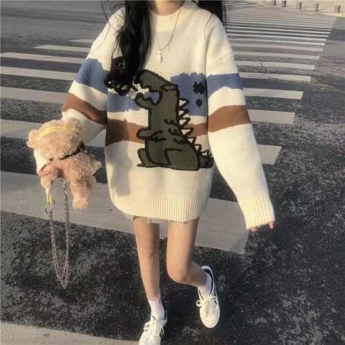 Knitting Sweater Women Cartoon Printed Cute Japanese Style Warm Soft Daily Streetwear Casual Comfortable Simple Womens Pullover