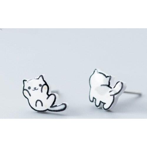 Korean Fashion Cute Lucky Cat Small Stud Earrings Sweet Girl Kid Silver Plated Lovely Earring for Women Daily Wear Party Jewelry