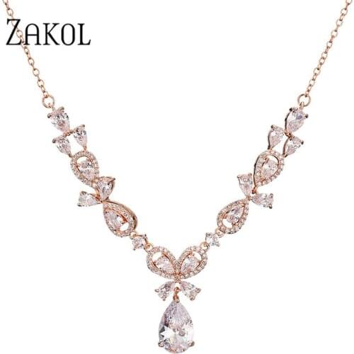 ZAKOL Luxury Water Drop Cubic Zircon Chain Necklaces for Women Fashion Butterfly Bridal Wedding Party Jewelry NP5003