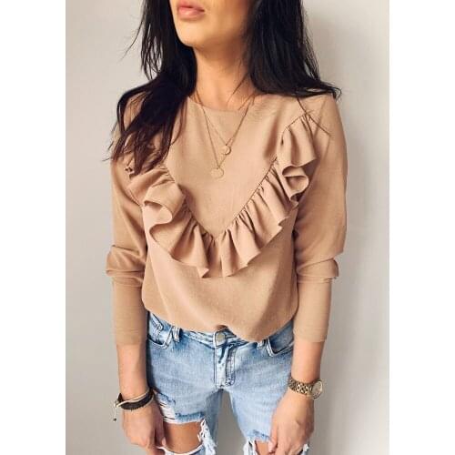 Women V Ruffles Long Sleeve Autumn Shirts Casual Girl Tops Outwear Solid Color O Neck Girl Keep Warm Tops Wear Sweet Blouse