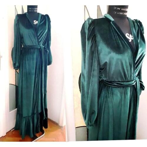 Robe De Mariée Women Bathrobe Floor Length Sleepwear Dark Green Velvet Nightgown Long Sleeve Long Robe