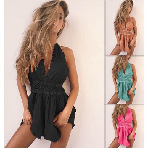 Womens Jumpsuit Sexy Open Back Lace Panel Jumpsuit