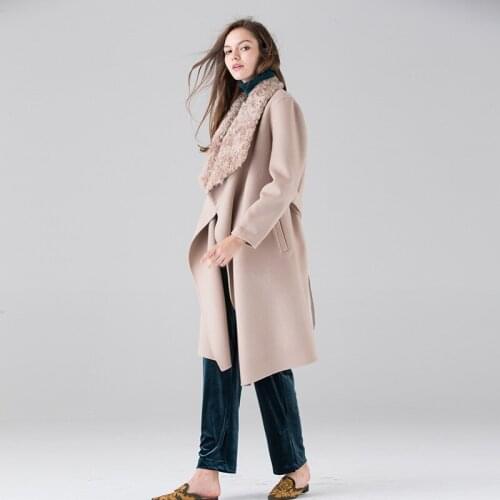 Long woolen blends cashmere coats for women 2019 autumn winter ladies jackets plus size overcoats double sided beige fur collar