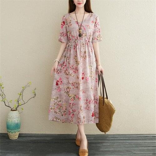 2021 New Arrival Print Floral Prairie Chic Holiday Travel Casual Dress Thin Linen Cotton Spring Summer Dress Women Midi Dress