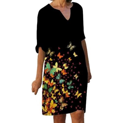 Vintage Dresses for Women 2021 Summer Casual V Neck Half Sleeve Butterflies Print Loose Ladies Midi Dress Party Plus Size