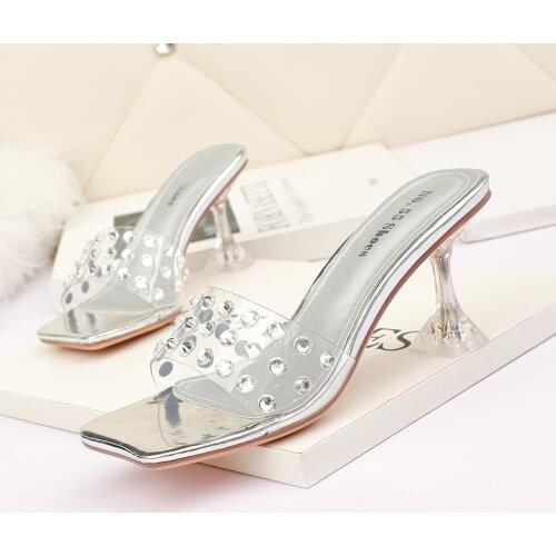 2021 New Transparent High Heel Sandals Female Crystal Sexy Ladies Peep Toe Rhinestone Zapatillas Mujer Casa Sapatos Femininos