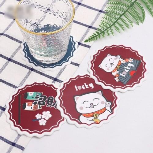 3 PVC Table Pad Silicone Insulation Placemat Cup Bowl Mat Home Decor Durable Car anti-skid lucky Cartoon cat child Coaster
