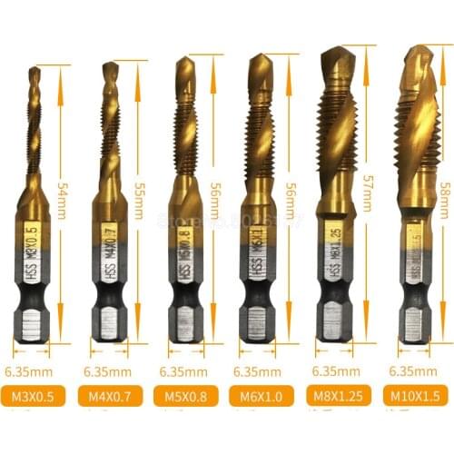 6PCS M3-M10 Screw Tap Drill Bits Hss Taps Countersink Deburr Set Metric Combination Bit High Speed Steel 1/4 In Quick Change