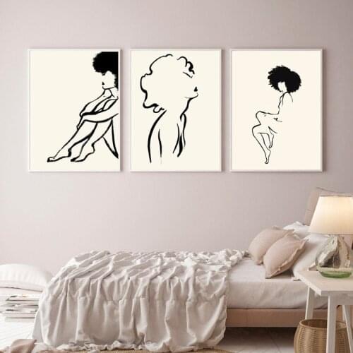Afro Woman Nude Line Abstract Art Prints Black and White Female Figure Minimal Line Drawing Painting Canvas Poster Bedroom Decor