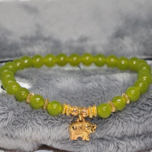 Gold-color lovely pig accessories olive green jades stone chalcedony round beads 6mm fashion jewelry diy bracelet 7.5inch B1937