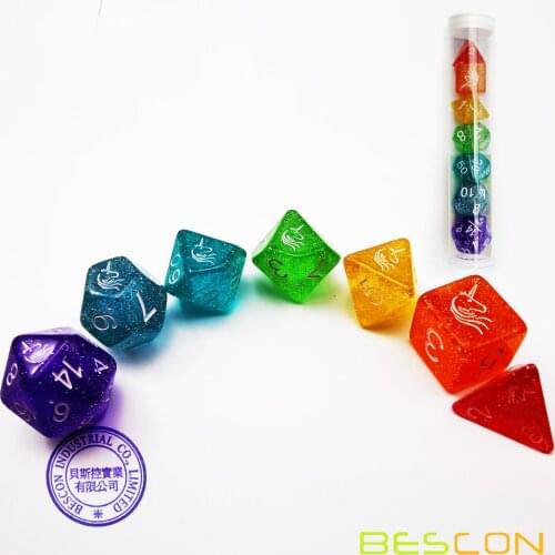 Bescon Unicorns Rainbow Sparkled Polyhedral D&D Dice Set of 7 Colorful RPG Role Playing Game Dice 7pcs Set