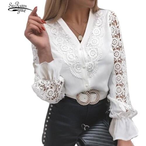 Long Sleeve Crew Neck Button Mesh Design Blouse Sexy Lace Patchwork Hollow Out Shirt Spring Fashion White Vintage Shirts 13267