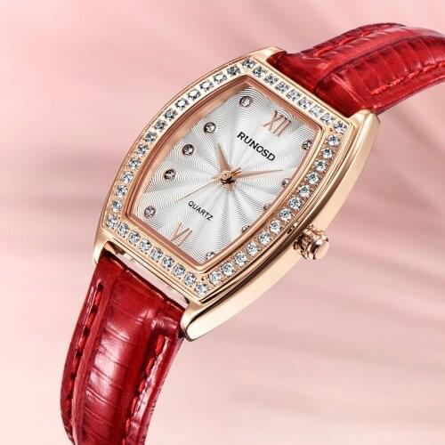 RUNOSD Ladies Watch Luxury Fashion Cask Zircon Dial Miyota Quartz Movement Sapphire Crystal Red Leather 5209L