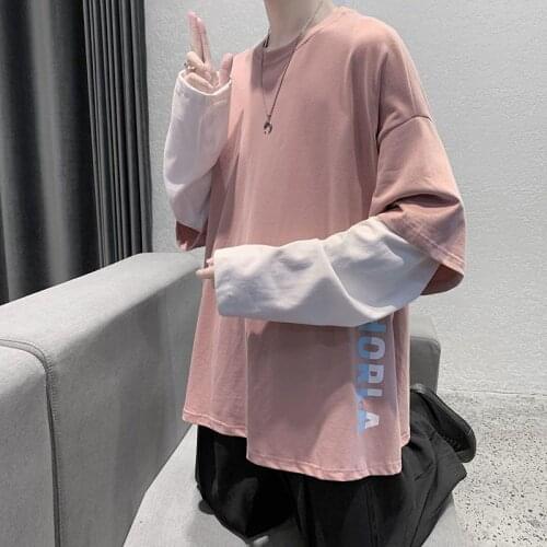 Long-sleeved T-shirt for men women fake two trend outer wear autumn oversize shirt 2021 Hong Kong style loose youth streetwear