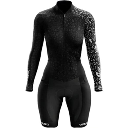 VEZZO Black Cycling Clothes Triathlon Skinsuit Sets Professional Macacao Ciclismo Feminino GEL Pink Pad Bicycle Jumpsuit Kits