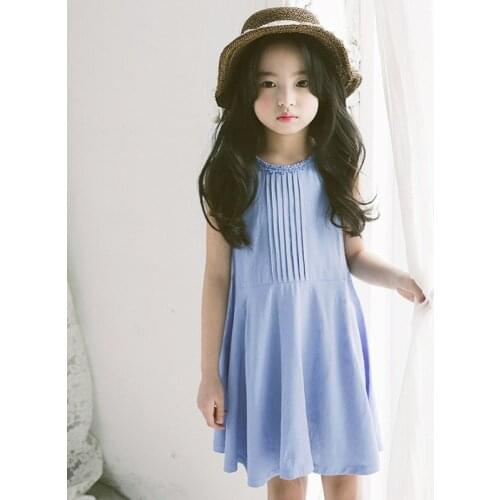 2020 Girl Sleeveless Solid Color Summer Blue Little Children Kids Lovely Big Girls Clothing Causal Dress