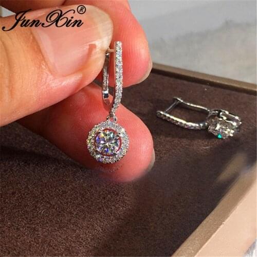 Boho Cute Crystal Round Hoop Earrings For Women Silver Color White Zircon Wedding Party Double Earring Female Ear Jewelry CZ