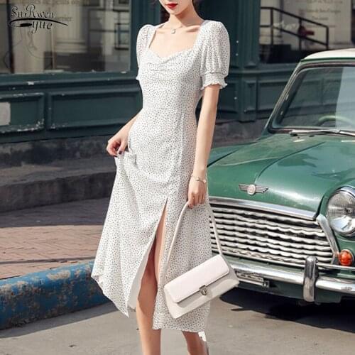 Summer New Elegant Woman Party Dress Split Midi Long Dress White Polka Dot Dress High Waist Fashion Square Collar Dresses 13278
