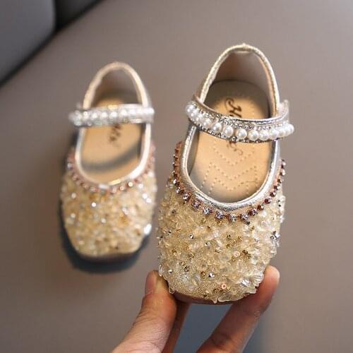 Girls Princess Shoes 2021 Spring New Sequin Pearl Children Wedding Shoes Kids Flats Shoes E404