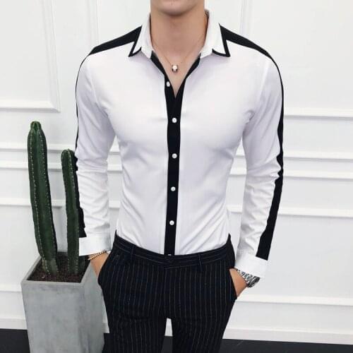 New Mens Dress Shirt Long Sleeve Slim Fashion Contrast Stitching High Quality British Style Social Business Casual Slim Shirt