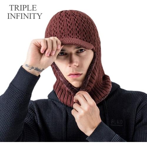 TRIPLE INFINITY Winter Men Hat Scarf Set Warm Knit Hats Neck Warmer Windproof Thick Fluff Lining Outdoor Riding Male Visor Cap