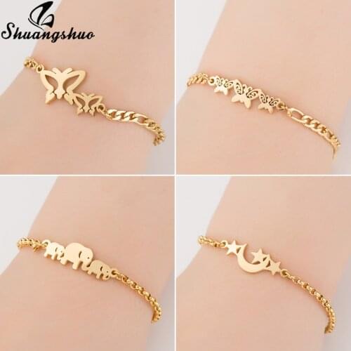 Shuangshuo Gold Animal Open Charm Bracelet for Women Jewelry Stainless Steel Link Chain Butterfly Bracelets Femme Wedding Gifts