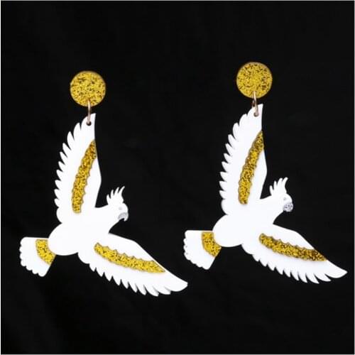 Lovely White Parrot Acrylic Drop Earrings Gold Glitter Powder Wings Birds Animal Dangle Earrings For Women Fashion Jewelry Party