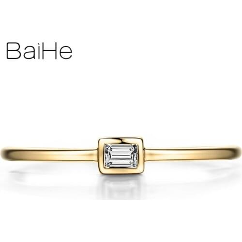 BAIHE Solid 18K Yellow Gold 0.05ct Square cut Natural Diamonds Women Ring Man Ring Trendy Fine Jewelry Gift Square Diamond Ring
