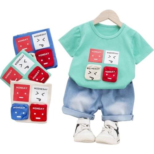 Children Letter Printed Round Neck Top Denim Shorts 2PCS Suit Baby Boy Casual Vitality Clothing Set Infant Toddler Active Outfit