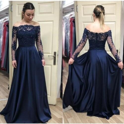 Long Navy Blue Satin Evening Dresses with Pockets Zipper A-Line Floor Length Off Shoulder Abendkleid Robes de Soirée for Women