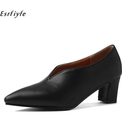 ESRFIYFE 2020 New Hot Sale Brand Glamour Beige chocolate Women Dress Pumps Black Square Heels Lady Casual Shoes Plus Size 34-46
