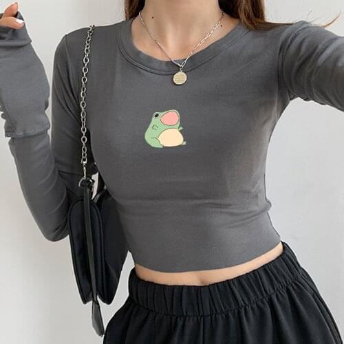 Aestethic Cartoon Frog Tight T Shirt Cotton Sweatshirt Crop Tops Long Sleeve Shirt Joggers for Women Suits Drawstring Sweatpants