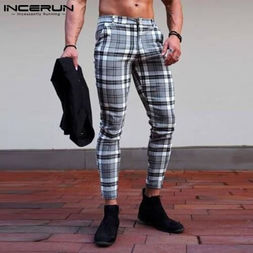 INCERUN Western Style New Mens Pantalones Fashionable Design Long Pant Lattice All-match Leisure Outdoor Trousers Plus Size 2021