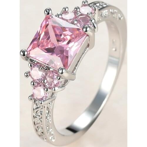 Dainty Female Pink Crystal Stone Ring Charm Silver Color Wedding Rings For Women Vintage Bride Square Zircon Engagement Ring