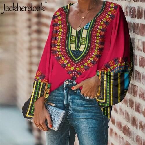 Jackherelook Summer Womens Blouse African Dashiki Shirts Tribal Ethnic Vintage Tops Tee V-neck Clothing Chiffon Blusas Mujer